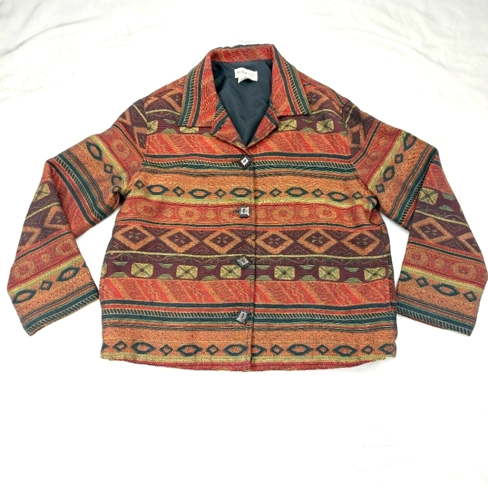 WHITE STAG WOMENS VTG MULTICOLORED TRIBAL SOUTHWEST TAPESTRY BLAZER SZ M 8 10